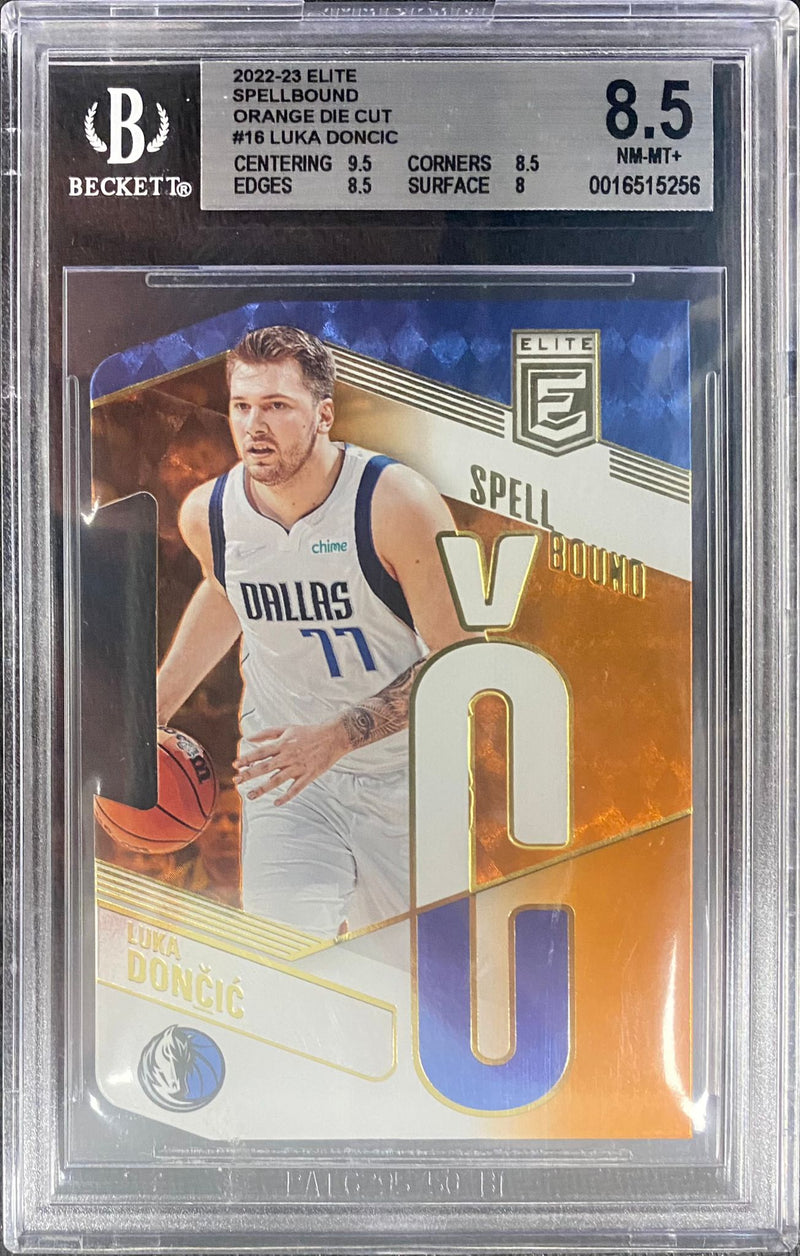 BGS 8.5 NM-MT: NBA - Luka Doncic 16 - 2022 Panini Donruss Elite Basketball - Spellbound Orange Die Cut