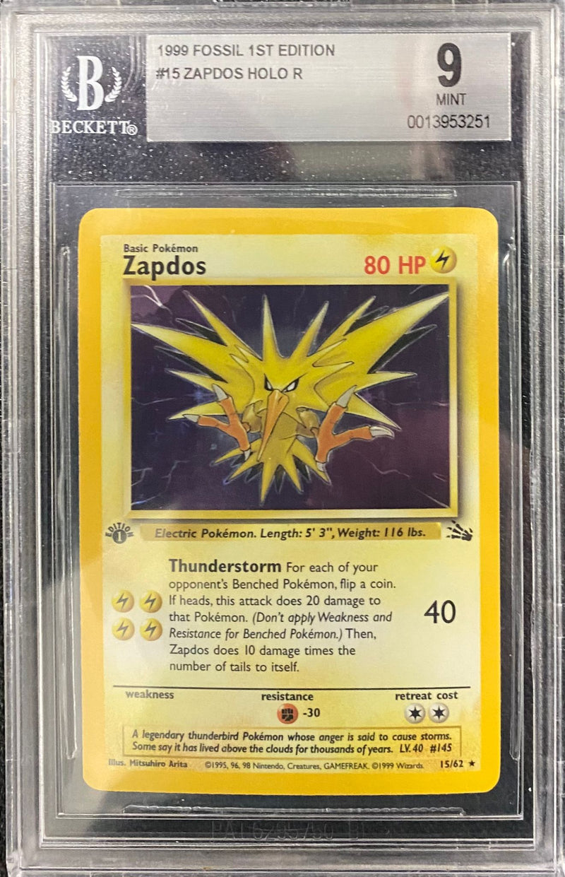 BGS MINT 9: Pokemon TCG Zapdos Holo - 15/62 - 1st Edition Fossil