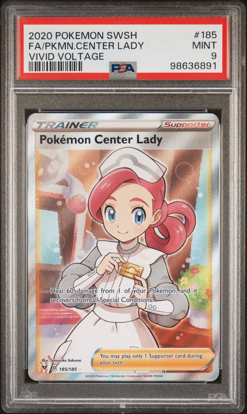 PSA MINT 9: Pokemon TCG Pokemon Center Lady 185/185 - Vivid Voltage