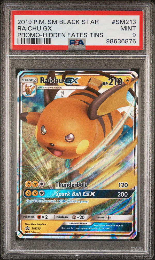 PSA MINT 9: Pokemon TCG Raichu GX SM213 - Sun & Moon Hidden Fates Tin Promo