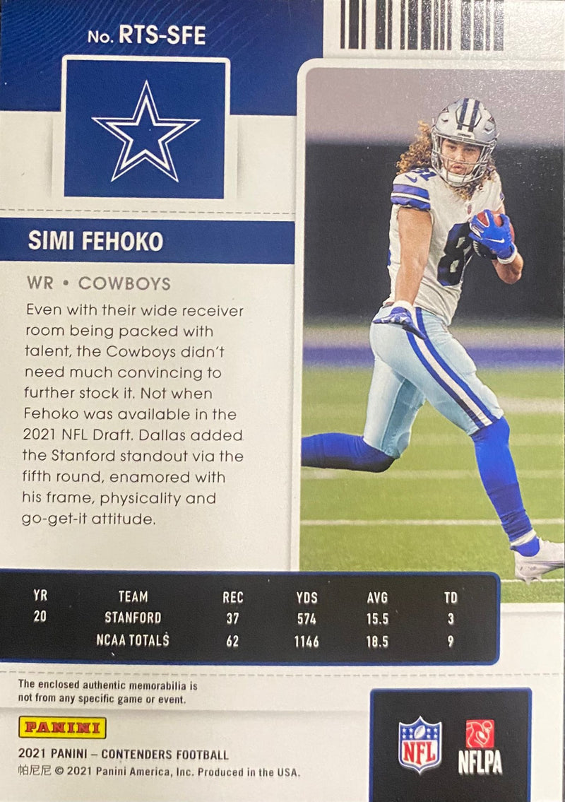 2021 Panini Contenders Football - Simi Fehoko RTS-SFE Patch - NFL Rookie Ticket