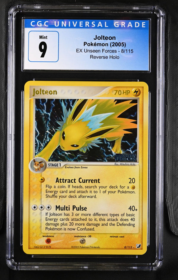 CGC MINT 9: Pokemon TCG Jolteon Reverse Holo - 8/115 - EX Unseen Forces (Chumlee Collection)