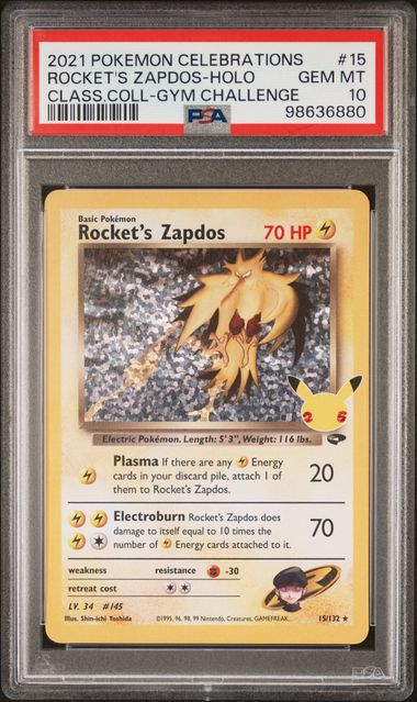 PSA 10 GEM MT: Pokemon TCG Rocket's Zapdos Holo - 15/132 - Celebrations Classic Collection